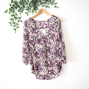 Lucky Brand Purple Floral Lined 3/4 Split Sleeve Viscose Top Size Small
